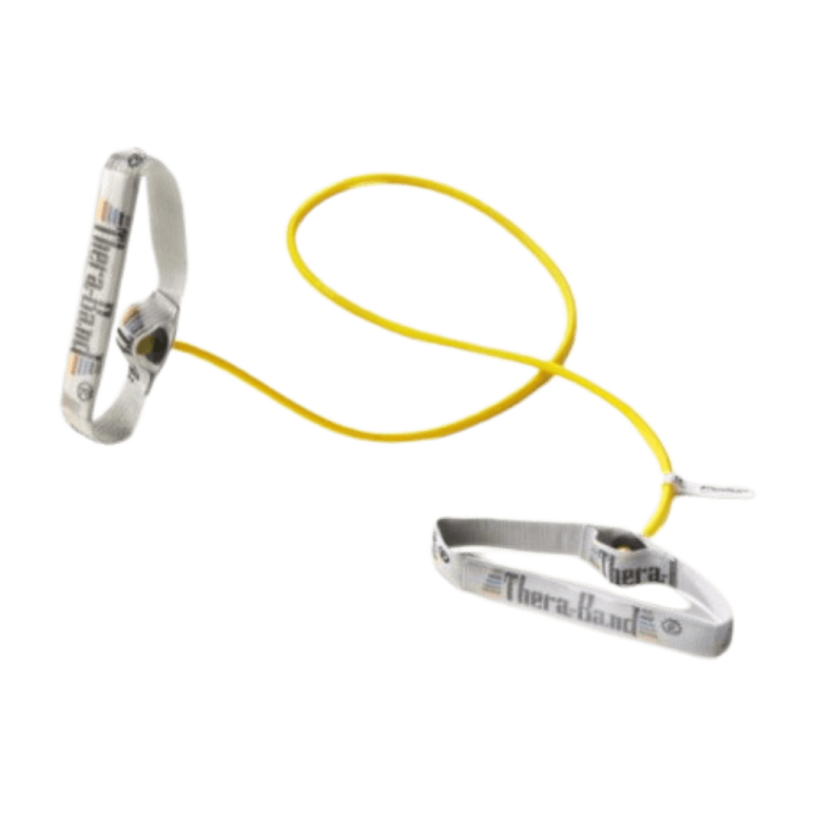 Tubing Theraband 1,4 m Kolor żółty, Opór słaby, Uchwyt gąbkowy lub elastyczny