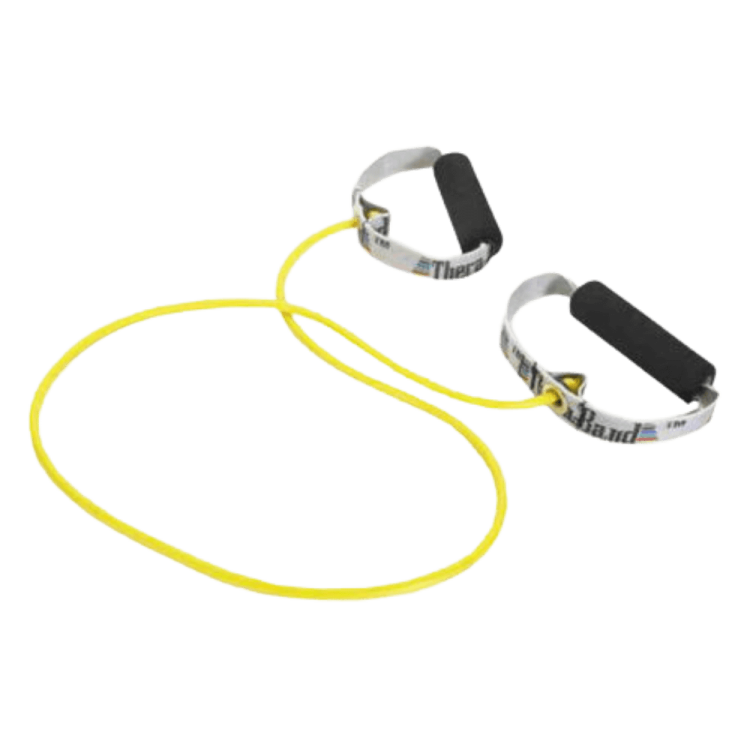 Tubing Theraband 1,4 m Kolor żółty, Opór słaby, Uchwyt gąbkowy lub elastyczny