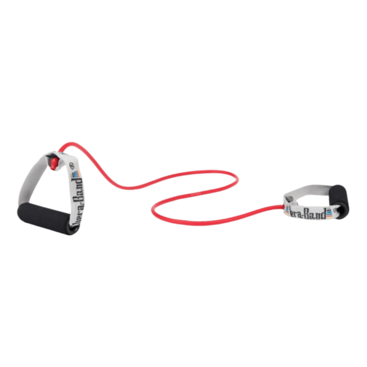 Tubing Theraband 1,4 m Kolor czerwony, Opór średni, Uchwyt gąbkowy lub elastyczny
