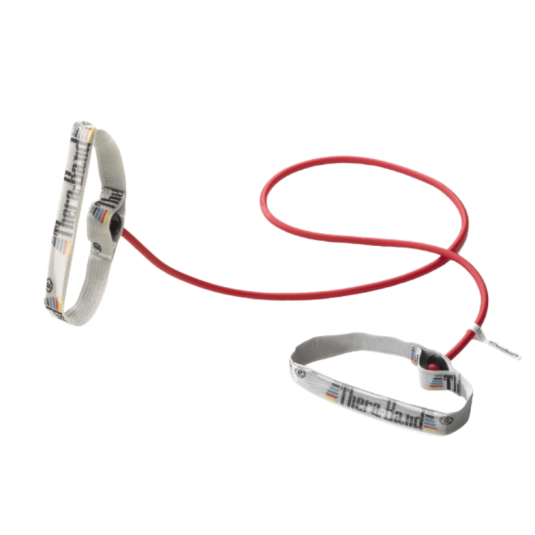 Tubing Theraband 1,4 m Kolor czerwony, Opór średni, Uchwyt gąbkowy lub elastyczny