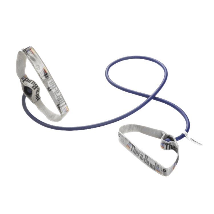 Tubing Theraband 1,4 m Kolor niebieski, Opór extra mocny, Uchwyt gąbkowy lub elastyczny