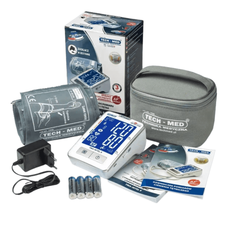Ciśnieniomierz TMA-INTEL 9 TECH-MED z funkcją wykrywania migotania przedsionków AF, pomiar podczas pompowania, pamięć 2x120, 22-42 cm