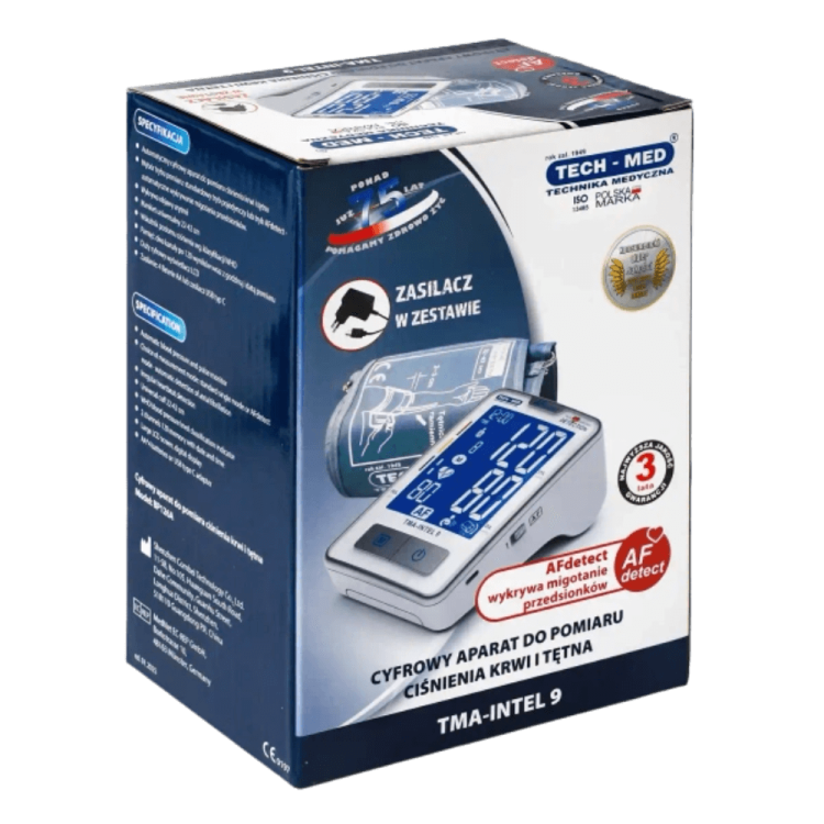 Ciśnieniomierz TMA-INTEL 9 TECH-MED z funkcją wykrywania migotania przedsionków AF, pomiar podczas pompowania, pamięć 2x120, 22-42 cm