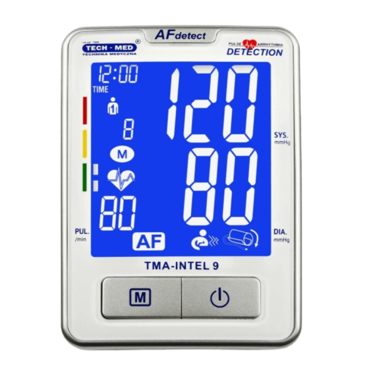 Ciśnieniomierz TMA-INTEL 9 TECH-MED z funkcją wykrywania migotania przedsionków AF, pomiar podczas pompowania, pamięć 2x120, 22-42 cm
