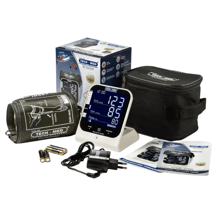 Ciśnieniomierz TECH-MED TMA-ALPHA TOUCH z zasilaczem, pomiar podczas pompowania, dotykowy ekran, wykrwa arytmię