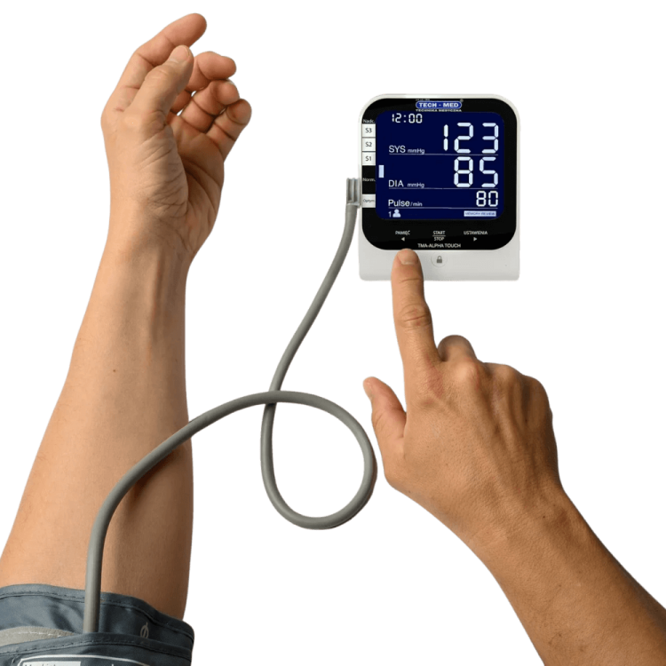Ciśnieniomierz TECH-MED TMA-ALPHA TOUCH z zasilaczem, pomiar podczas pompowania, dotykowy ekran, wykrwa arytmię