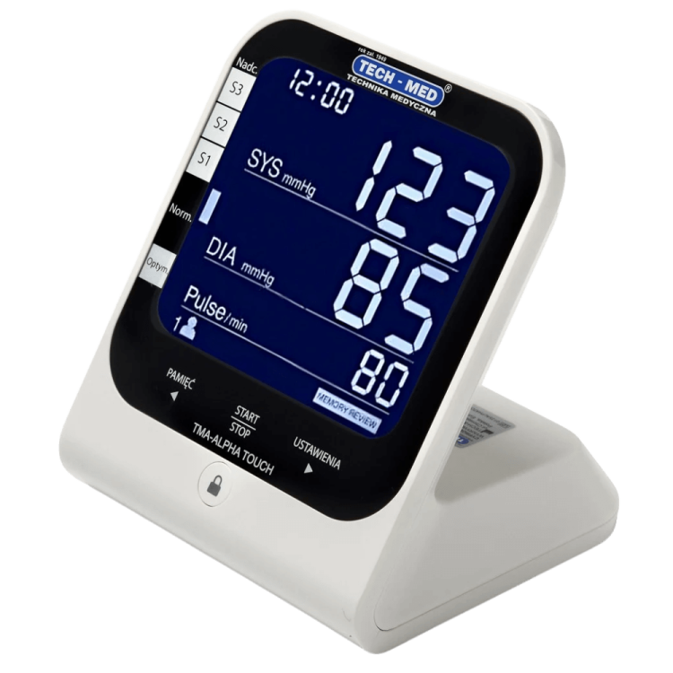 Ciśnieniomierz TECH-MED TMA-ALPHA TOUCH z zasilaczem, pomiar podczas pompowania, dotykowy ekran, wykrwa arytmię