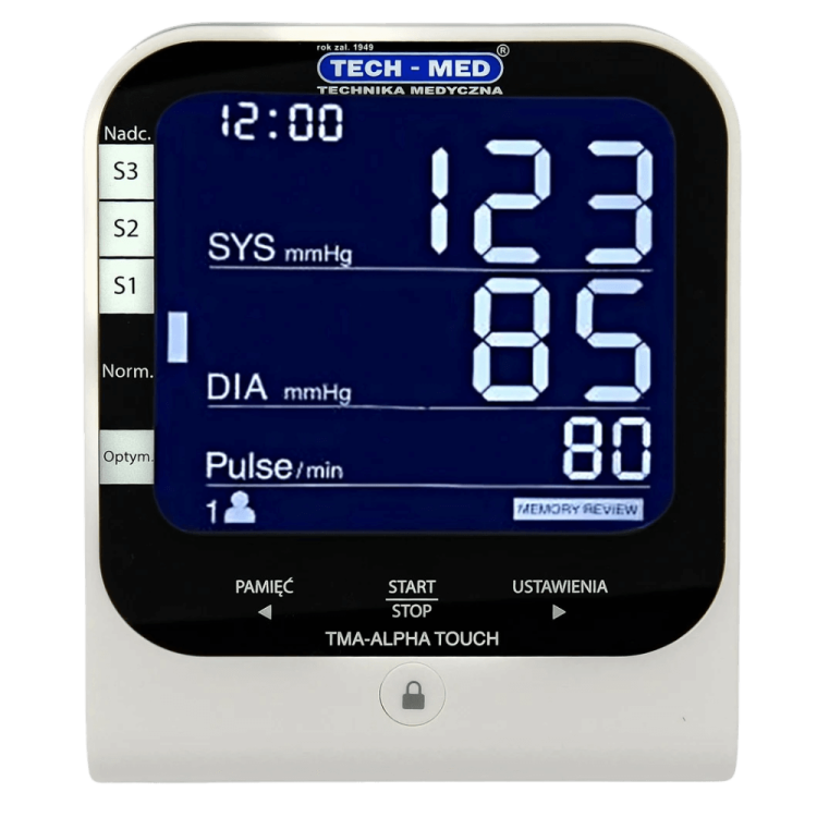 Ciśnieniomierz TECH-MED TMA-ALPHA TOUCH z zasilaczem, pomiar podczas pompowania, dotykowy ekran, wykrwa arytmię