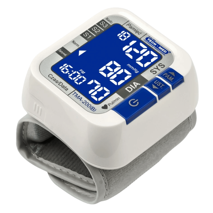 Ciśnieniomierz nadgarstkowy elektroniczny TMA-200 (B) TECH-MED, pomiar podczas pompowania, czytelny ekran, wykrywa arytmię