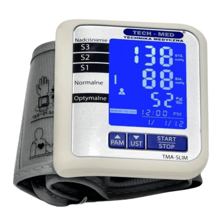 Ciśnieniomierz nadgarstkowy elektroniczny TMA-SLIM TECH-MED, pomiar podczas pompowania, wykrywa arytmię, lekki, wbudowany akumulator, pamięć 2x60