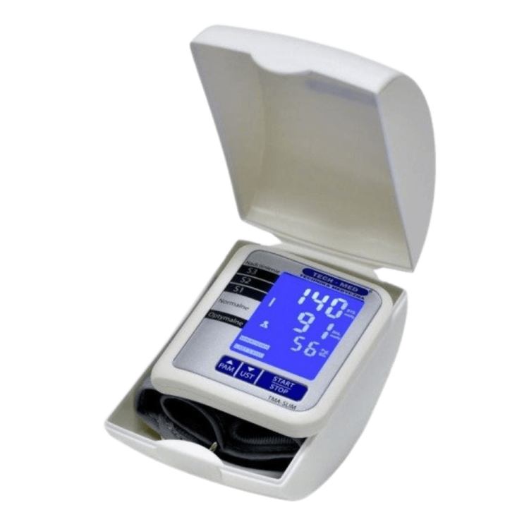 Ciśnieniomierz nadgarstkowy elektroniczny TMA-SLIM TECH-MED, pomiar podczas pompowania, wykrywa arytmię, lekki, wbudowany akumulator, pamięć 2x60