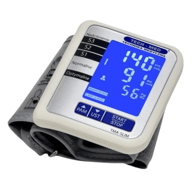 Ciśnieniomierz nadgarstkowy elektroniczny TMA-SLIM TECH-MED, pomiar podczas pompowania, wykrywa arytmię, lekki, wbudowany akumulator, pamięć 2x60
