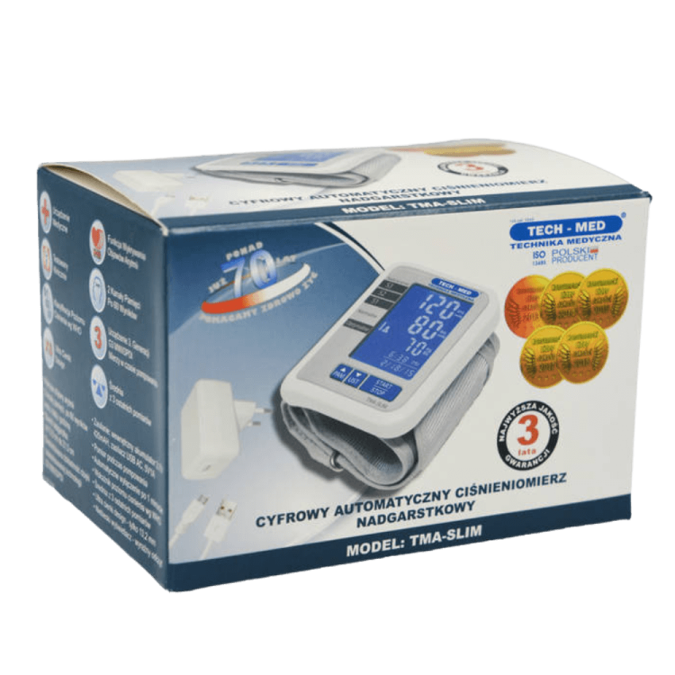 Ciśnieniomierz nadgarstkowy elektroniczny TMA-SLIM TECH-MED, pomiar podczas pompowania, wykrywa arytmię, lekki, wbudowany akumulator, pamięć 2x60