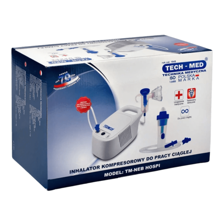 Inhalator kompresorowy z irygatorem TM-NEB HOSPI TECH-MED – do nebulizacji i oczyszczania zatok, do pracy ciągłej, 2 maski
